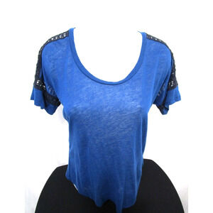 NWT J Crew Blue Linen Scoop Neck Crochet Shoulders T Shirt Top Women S Rtl. $59